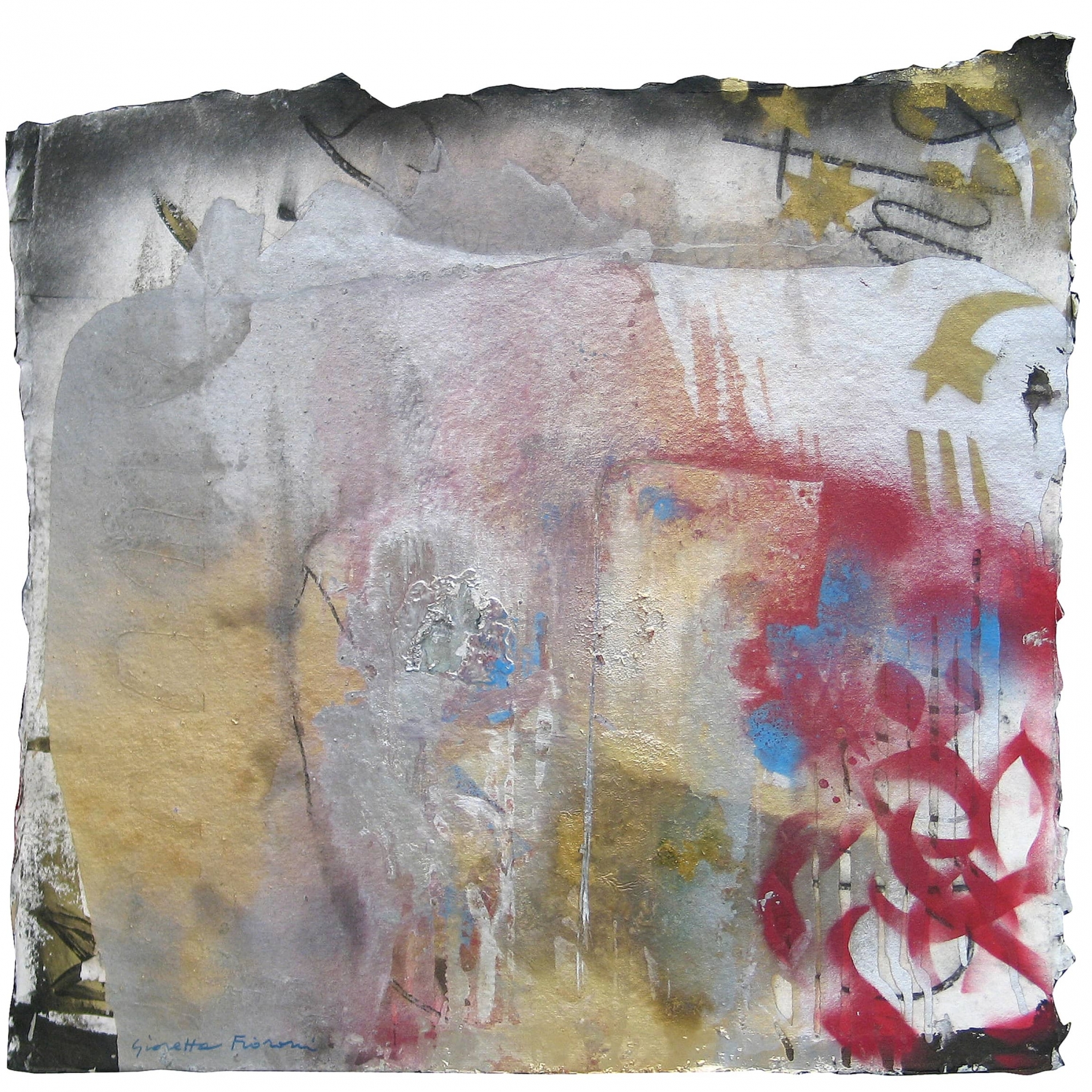 Giosetta Fioroni, È la spola dei versi il telaio del male..., 2008, Mixed media on handmade paper, 90 x 93 cm, FIORCT0372