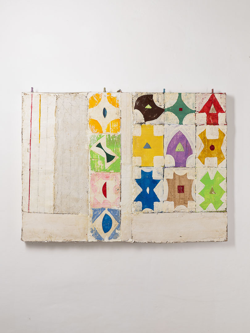 MARCHELLI_UN_ECO_DI_FIORI_catalogo_high_res_013 Mirco Marchelli, Opera giocosa, 2023, pigments, wax, chalk on wooden board, 80 x 106 x 6 cm, MARCTM0587