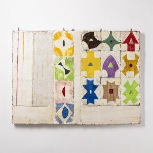Mirco Marchelli, Opera giocosa, 2023, plaster, white cement, white mortar, fabric, paper, ceramic, acrylic and wax on wooden panel, 80 x 106 x 6 cm, MARCTM0587